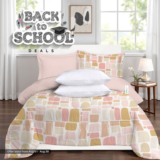 Back to School Comfort Combo - 6PC Kids Duvet Cover Set 160x220 with Pillows - Warm Blocks
