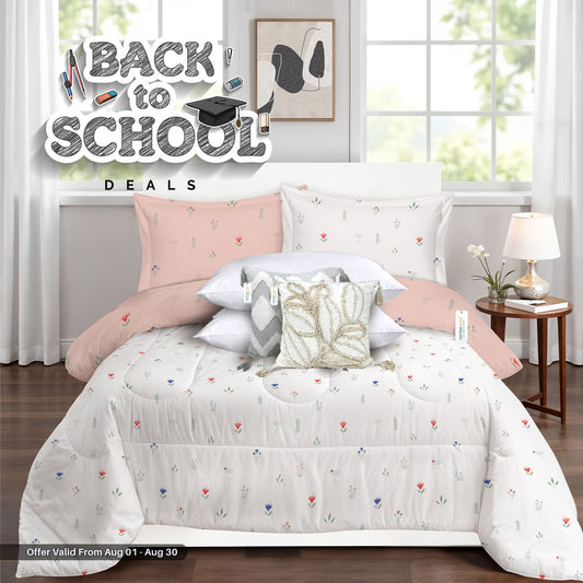 Back to School Comfort Combo - 8PC Kids Bedding Set 160x220 with Pillows & Cushions - Peach Blossom