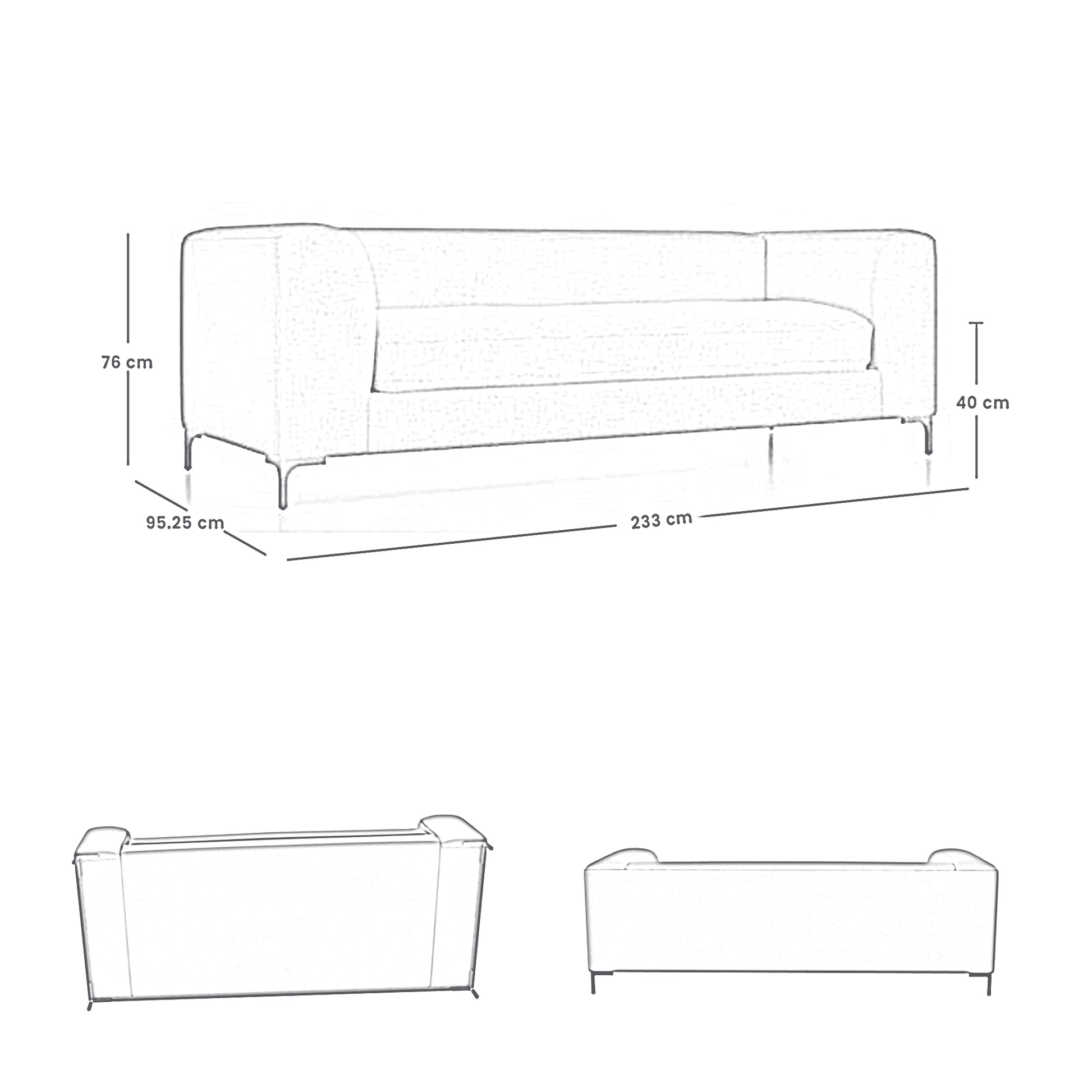 Urban Luxe 3 Seater Modern Fabric Sofa With Metal Legs 233x95x76