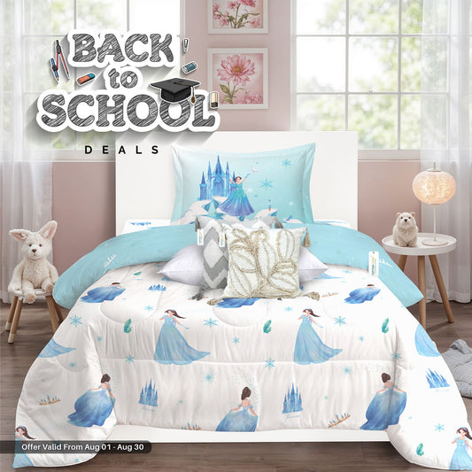 Back to School Comfort Combo - 6PC Kids Bedding Set 135x220 with Pillows & Cushions - Snow Princess (6036)