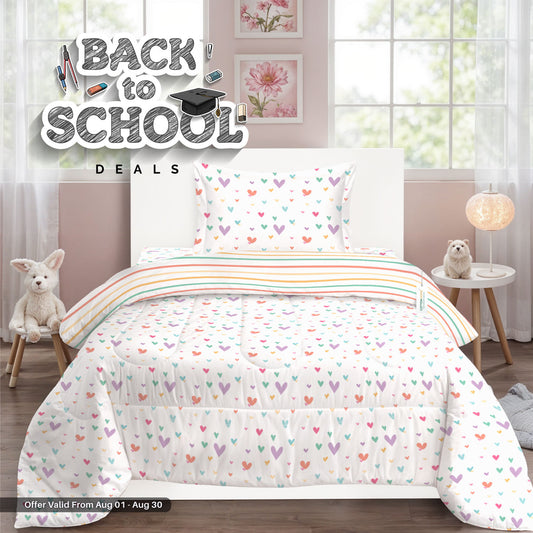 Back to School Comfort Combo - 6PC Kids Bedding Set 135x220 with Pillows & Cushions - Hue Hearts (6040)