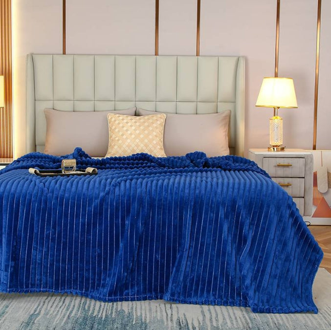 Plush Stripe Blanket Queen Size Royal Blue