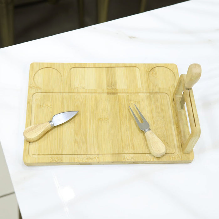 Bamboo Cheese Board & Serving Tray with 3 Stainless Steel Knives and Clasp Knife Holder