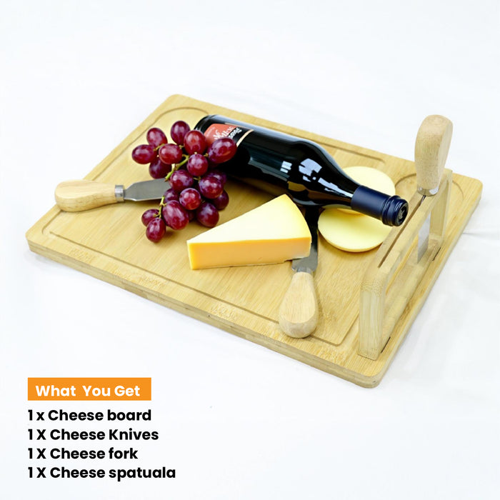 Bamboo Cheese Board & Serving Tray with 3 Stainless Steel Knives and Clasp Knife Holder