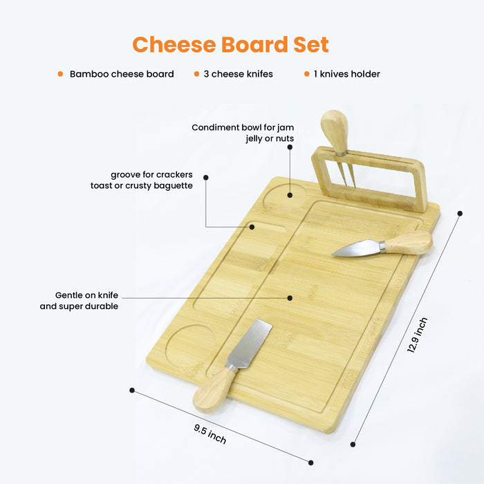 Bamboo Cheese Board & Serving Tray with 3 Stainless Steel Knives and Clasp Knife Holder