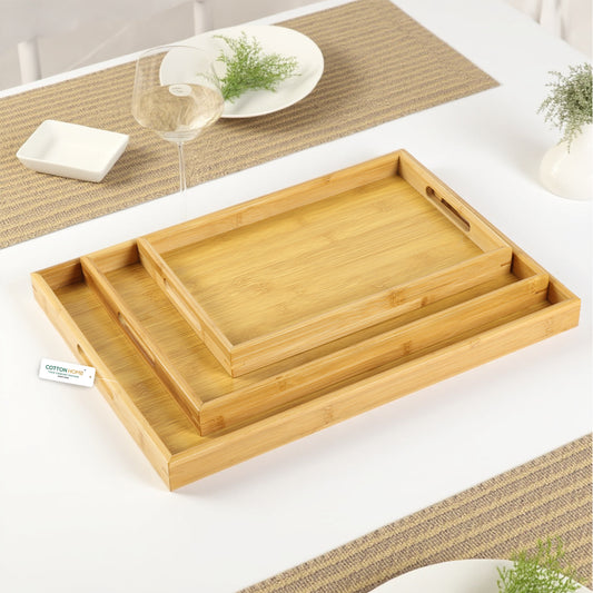 Bamboo Serving Tray Set of 3 Rectangular Wooden Trays with Handles