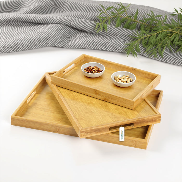 Bamboo Serving Tray Set of 3 Rectangular Wooden Trays with Handles