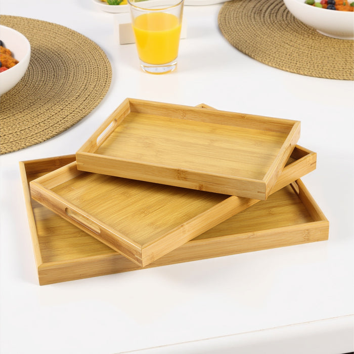 Bamboo Serving Tray Set of 3 Rectangular Wooden Trays with Handles