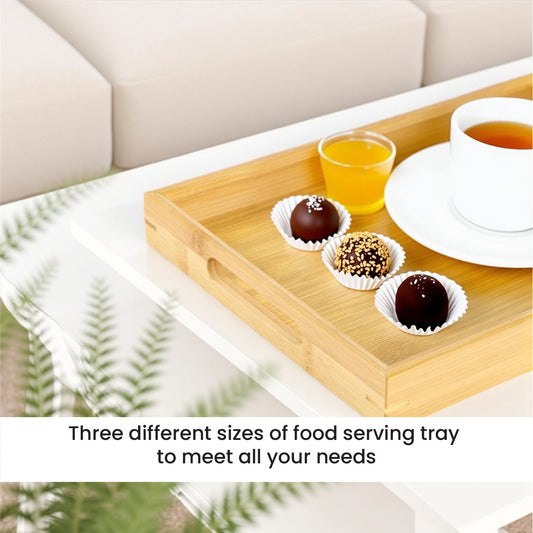 Bamboo Serving Tray Set of 3 Rectangular Wooden Trays with Handles