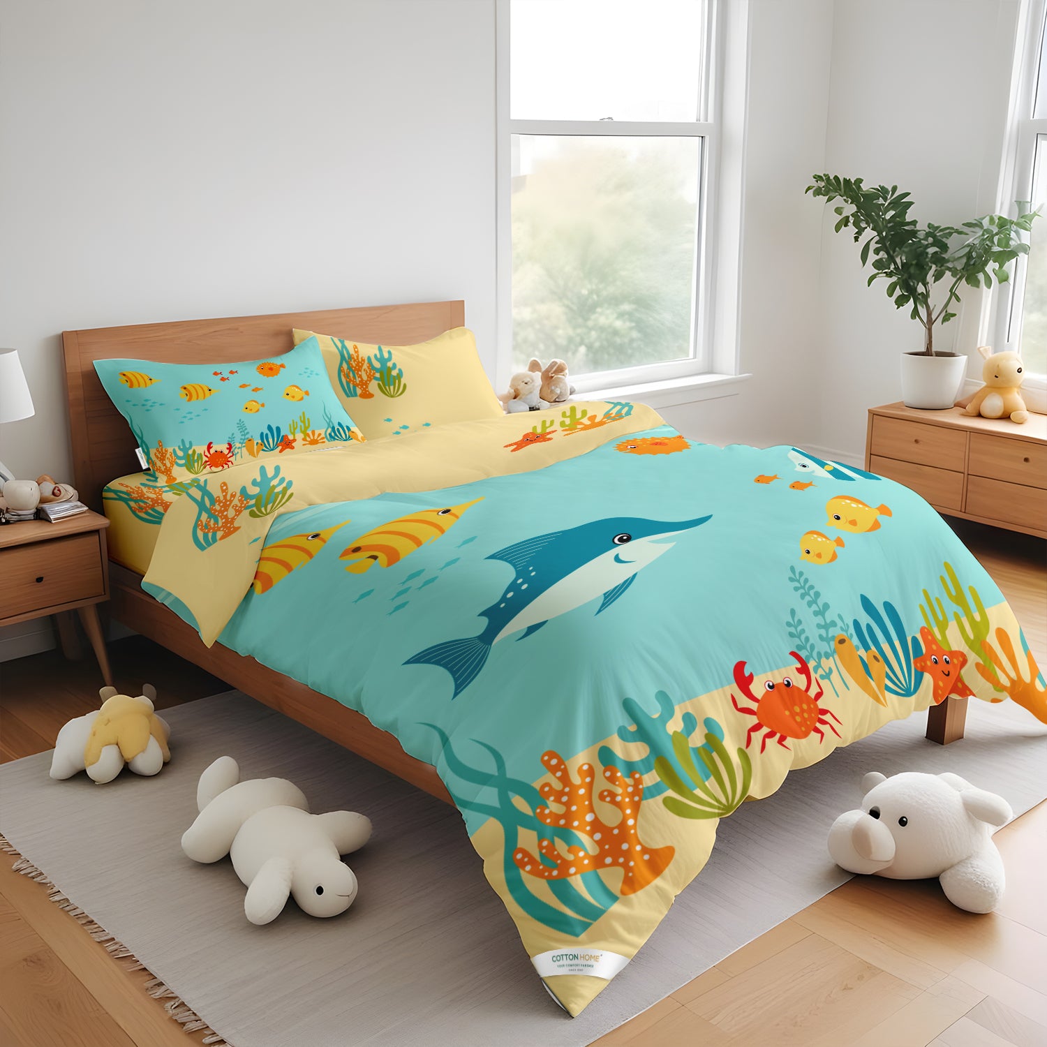 Kids Duvet Cover Set - 4 Pc - Aqua Print 160x220cm | Cotton Home