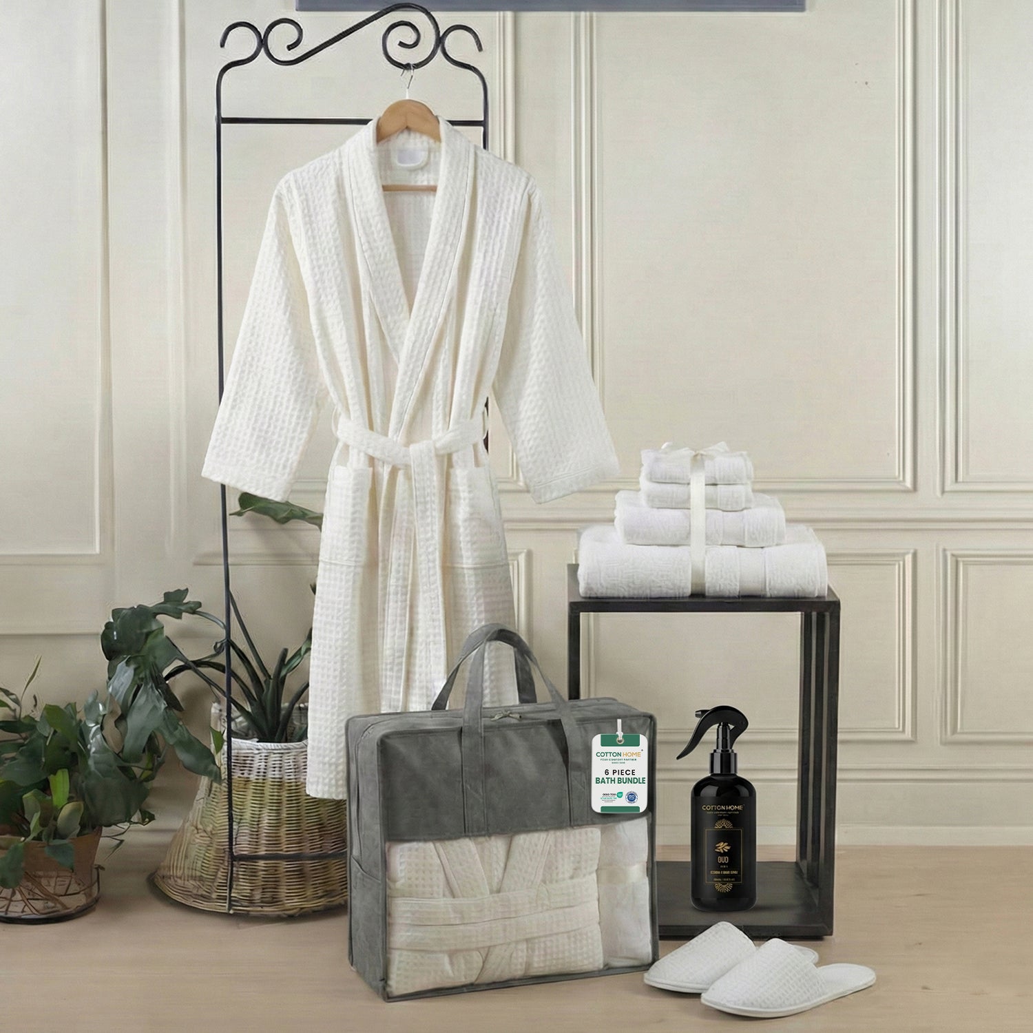 Bathrobe, Towels, Slippers & Room Fragrance Set by Cotton Home