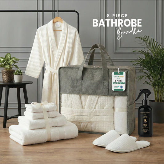 Luxury 8PC Egyptian Cotton Bath Bundle Set – Bathrobe, Towels, Slippers & Room Fragrance