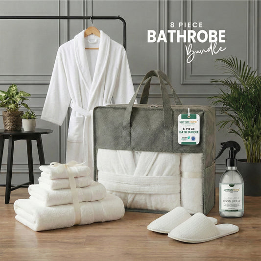 Luxury 8PC Egyptian Cotton Bath Bundle Set – Bathrobe, Towels, Slippers & Room Fragrance