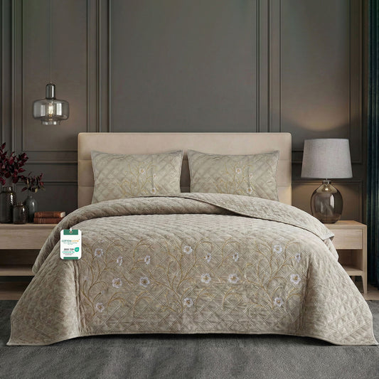 Velvet Quilt Set 3-Piece | Diamond Quilted Bedspread Set 220×240cm – Beige