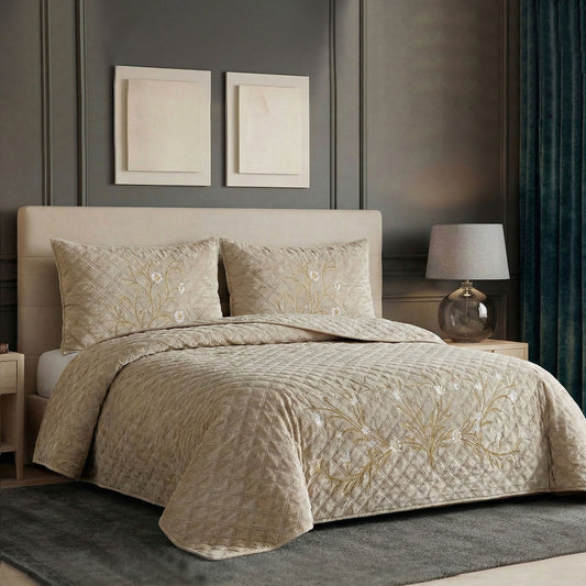 Velvet Quilt Set 3-Piece Diamond Quilted Bedspread Set 220×240cm with two pillow case Beige