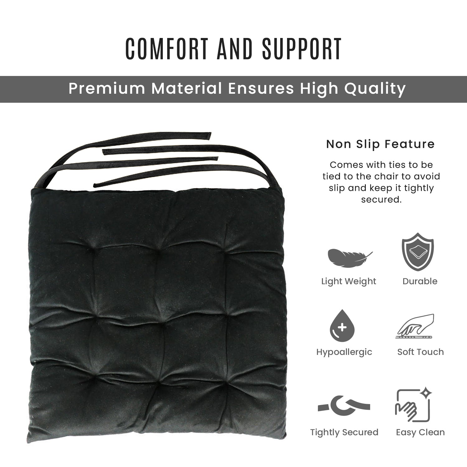 Velvet Slip Free Tufted  Chair Cushion Black 40x40cm