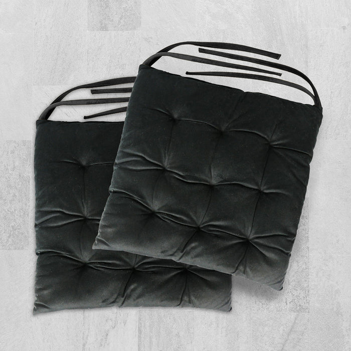Velvet Slip Free Tufted  Chair Cushion Black 40x40cm - Pack of 2