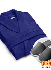 Premium Cotton Blue Terry Bathrobe with Pockets, One Size Fits All with Free Bath Slippers
