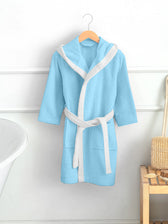 Panda Embroidered Kids Bathrobe with Hood and Tie Up Belt - Aqua