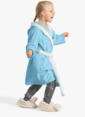 Panda Embroidered Kids Bathrobe with Hood and Tie Up Belt - Aqua - Cotton Home