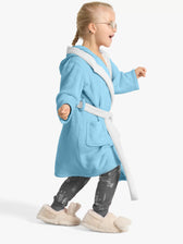 Panda Embroidered Kids Bathrobe with Hood and Tie Up Belt - Aqua