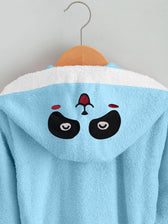 Panda Embroidered Kids Bathrobe with Hood and Tie Up Belt - Aqua