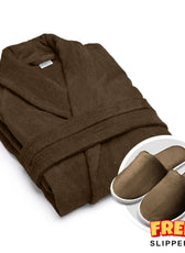Premium Cotton Brown Terry Bathrobe with Pockets, One Size Fits All with Free Bath Slippers