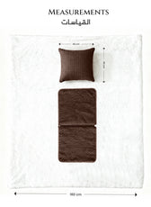 Measurement chart of a brown pillow and blanket set on a white background