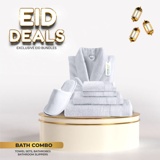 Eid Exclusive Deals on Towels Bathrobe and Slippers White