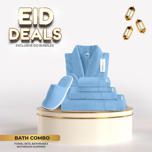 Eid Exclusive Deals on Towels Bathrobe and Slippers Sky Blue