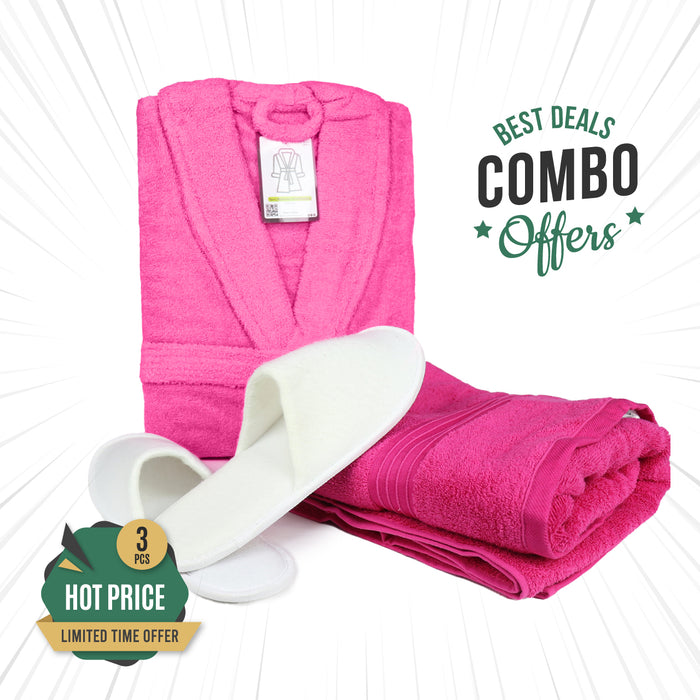 Summer Bath Combo Offer Bathrobe, Bath Towel and Bathroom Slippers - Pink