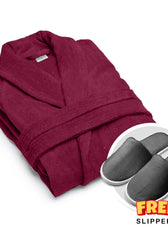Premium Cotton Burgundy Terry Bathrobe with Pockets, One Size Fits All with Free Bath Slippers