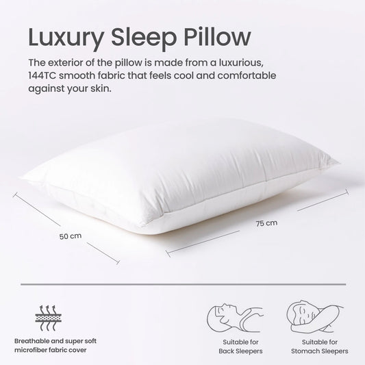 Exquisite Sleep Pillow Pack of 2 Standard Size 50x75cm with Self Cord for Ultimate Support Ergonomically designed for Side Sleepers 1000g