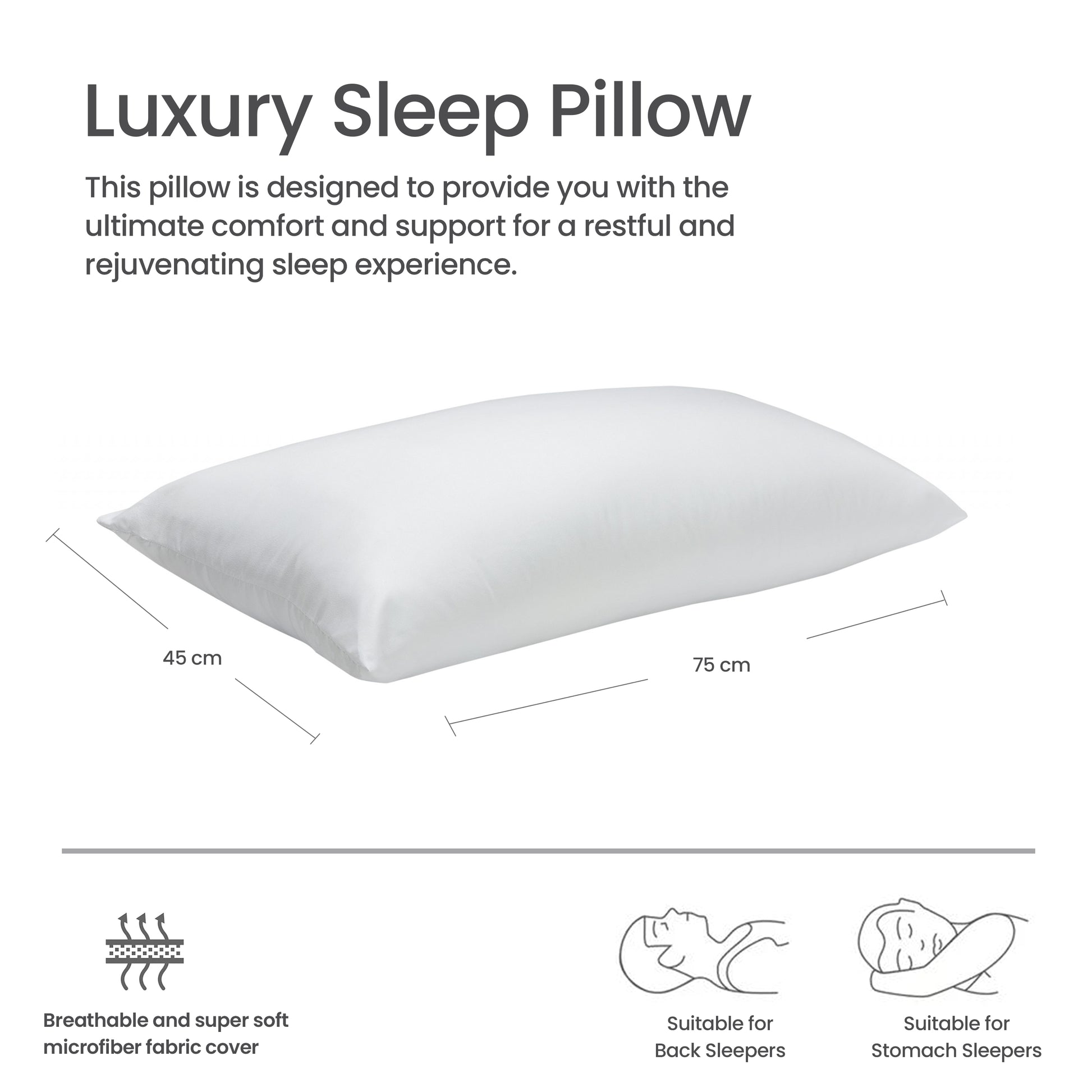 Exquisite Sleep Pillow Standard Size 50x75cm Ergonomically designed for Side Sleepers 1000g