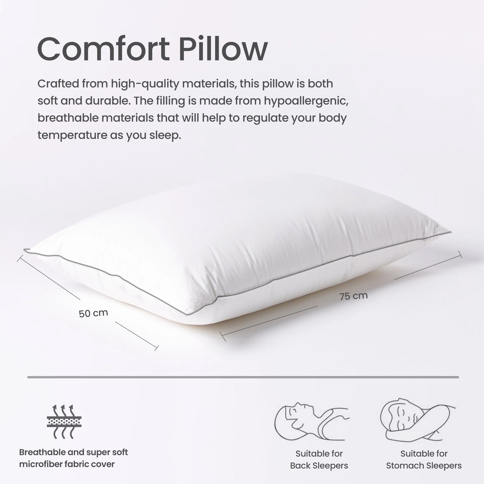Elite Standard Size Ultra Soft Pillow with Gray Cord for Ultimate Support Ergonomically designed suitable for Side Sleeper 50x75cm 1000grams