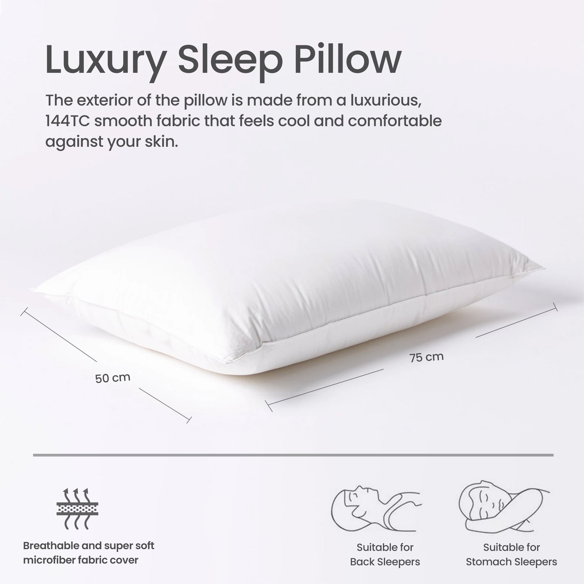 Exquisite Sleep Pillow Pack of 2 Standard Size 50x75cm with Self Cord for Ultimate Support Ergonomically designed for Side Sleepers 900g