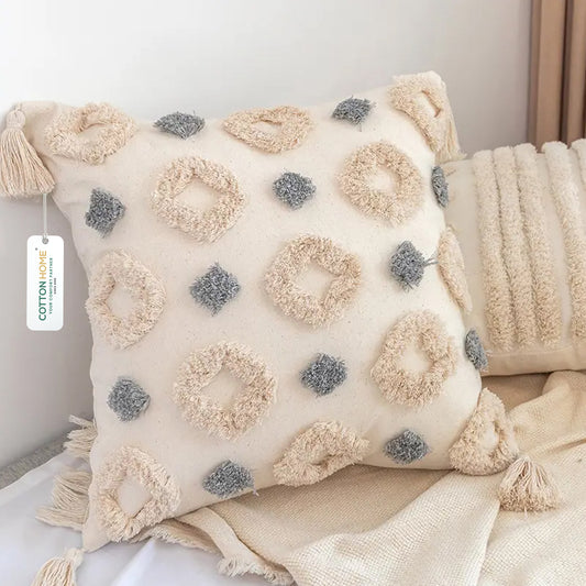 Boho Handcrafted Throw Pillow 45x45cm Geometric Embroidery Cushion with Rings Design