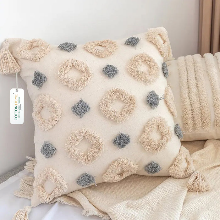 Boho Handcrafted Throw Pillow 45x45cm Geometric Embroidery Cushion with Rings Design