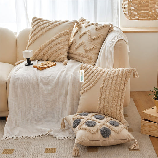 Beige textured boho cushions on a beige sofa