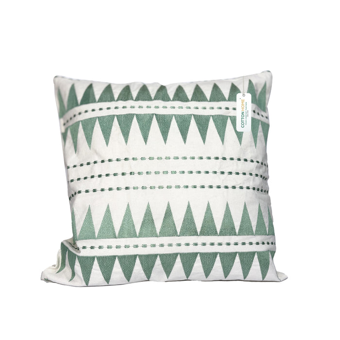 Embroidered Cushion - 100% Cotton Canvas, 45x45cm |  Green Triangle Pattern | Cotton Home