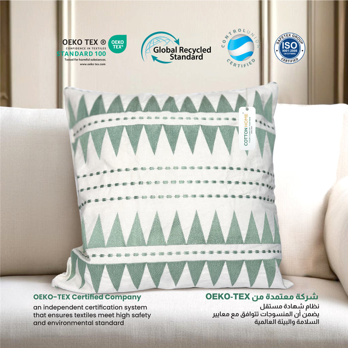 Embroidered Cushion - 100% Cotton Canvas, 45x45cm |  Green Triangle Pattern | Cotton Home