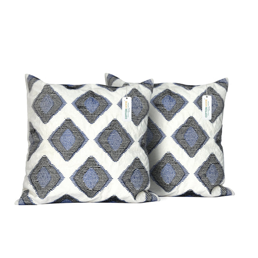 Embroidered Cushion - 100% Cotton Canvas, 45x45cm |  Blue Rhombus Pattern | Set of 2  | Cotton Home