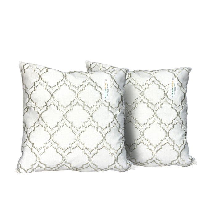 Embroidered Cushion - 100% Cotton Canvas, 45x45cm |  Ivory Modern Quatrefoil Geometric | Set of 2