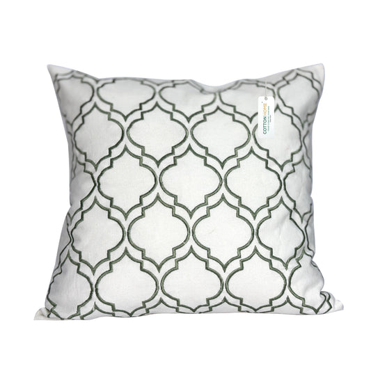 Embroidered Cushion - 100% Cotton Canvas, 45x45cm |  Green Modern Quatrefoil Geometric | Cotton Home