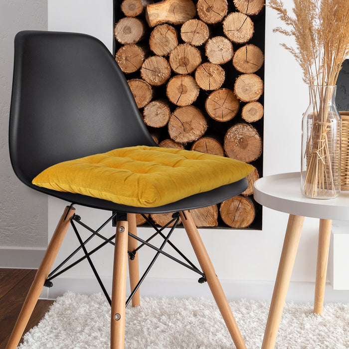 Velvet Slip Free Tufted  Chair Cushion Dark Mustard 40x40cm