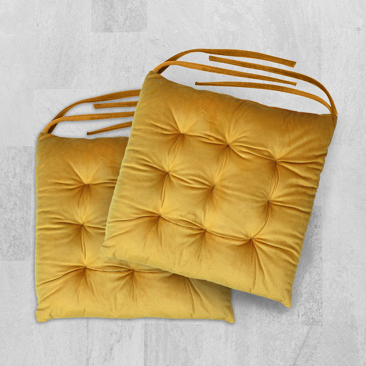 Velvet Slip Free Tufted  Chair Cushion Dark Mustard 40x40cm - Pack of 2