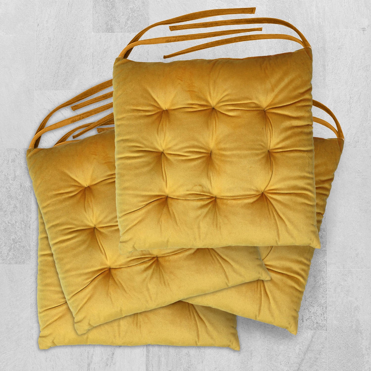 Velvet Slip Free Tufted  Chair Cushion Dark Mustard 40x40cm - Pack of 4