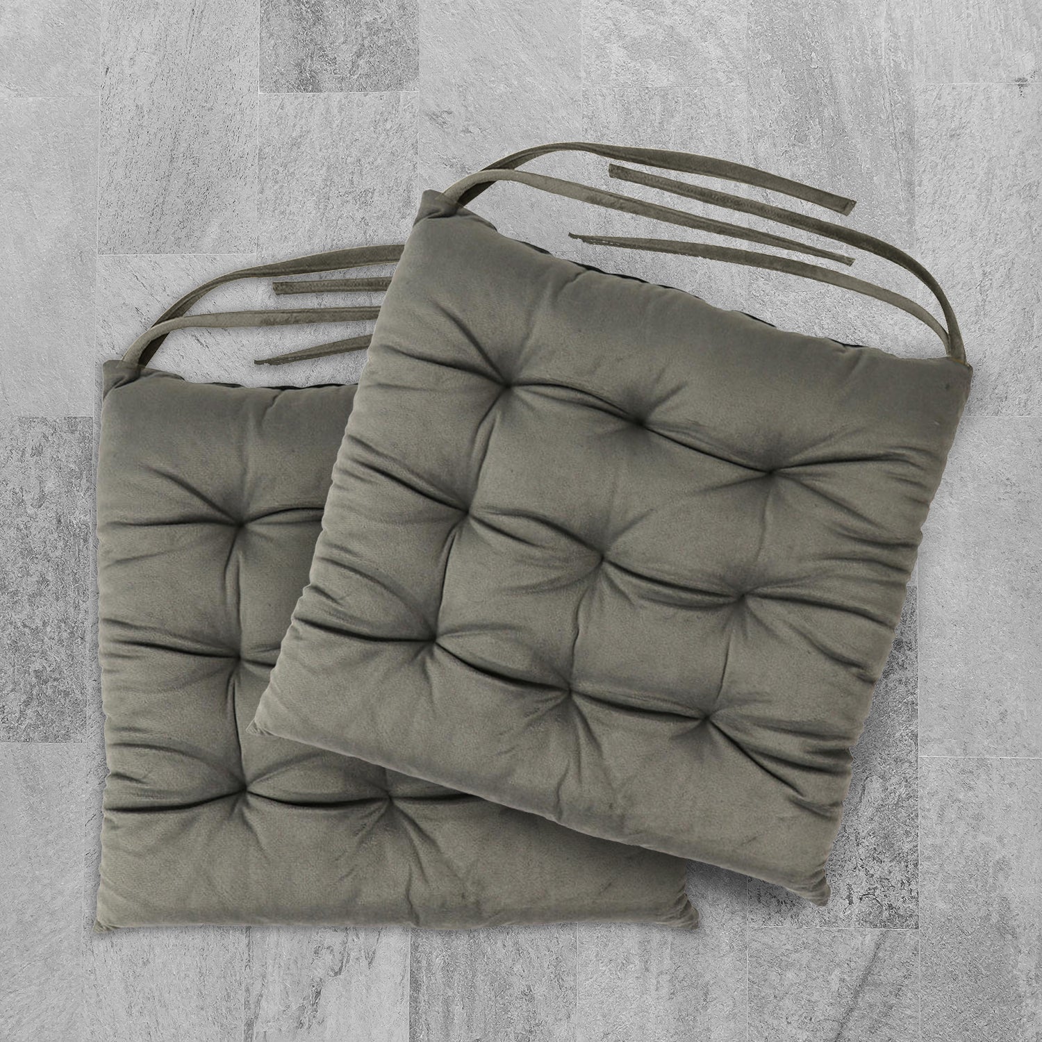 Velvet Slip Free Tufted  Chair Cushion Dark Grey 40x40cm - Pack of 2