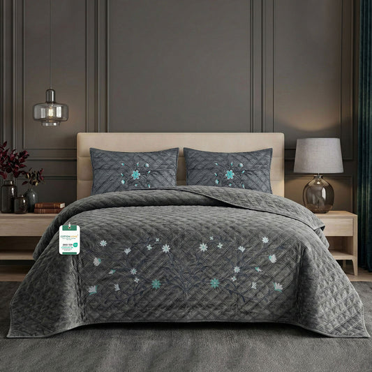 Velvet Quilt Set 3-Piece | Diamond Quilted Bedspread Set 220×240cm – Dark Gray
