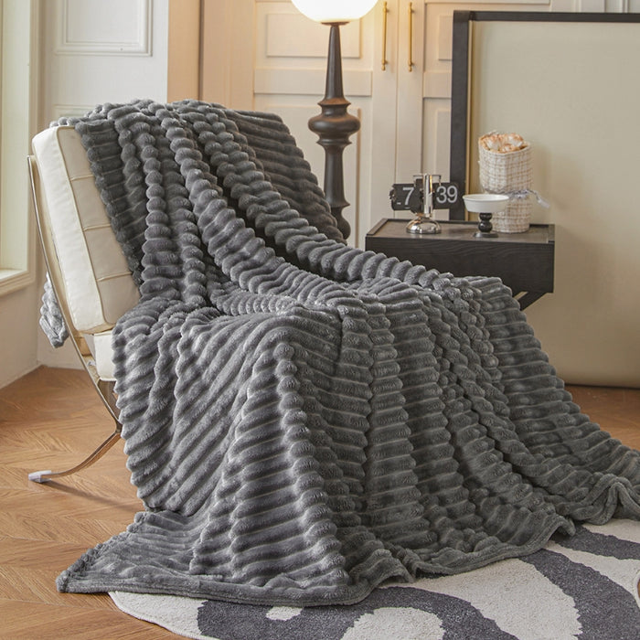 Plush Stripe Blanket Queen Size Grey